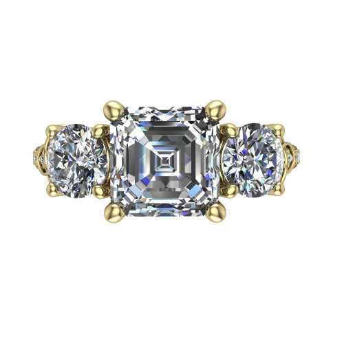 Zion asscher three stone engagement ring in 14K Yellow Gold, top-down view showing the center diamond flanked by two round side stones and trinity-knot shoulder detailing