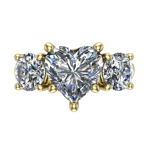 Zion heart three stone engagement ring in 14K Yellow Gold, top-down view showing the center diamond flanked by two round side stones and trinity-knot shoulder detailing