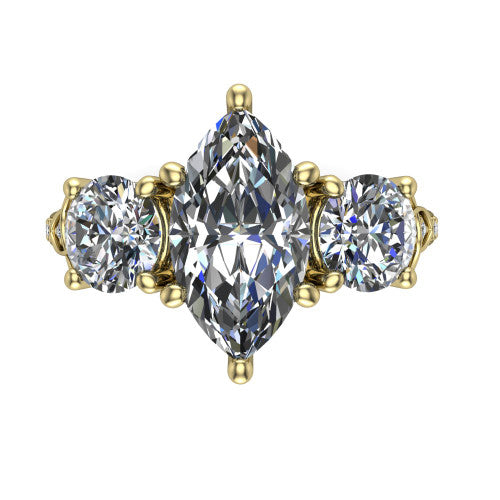 Zion marquise three stone engagement ring in 18K Yellow Gold, top-down view showing the center diamond flanked by two round side stones and trinity-knot shoulder detailing