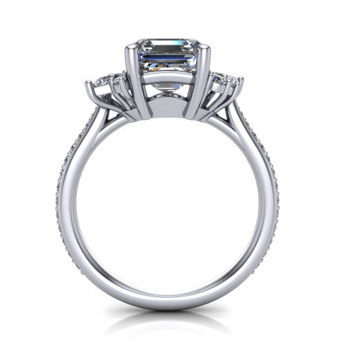 Mila asscher three stone engagement ring in 14K White Gold, through-finger front profile showing the center head raised above the round accent clusters and pav&eacute; band