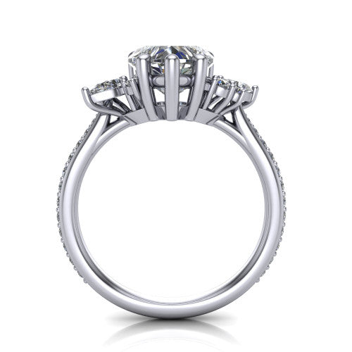 Mila heart three stone engagement ring in 18K White Gold, through-finger front profile showing the center head raised above the round accent clusters and pav&eacute; band