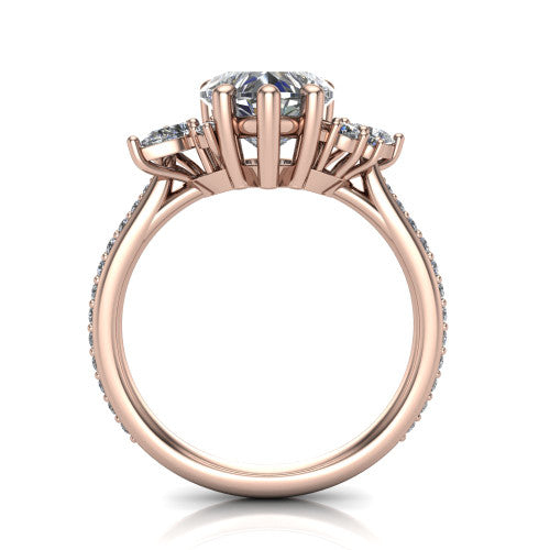 Mila heart three stone engagement ring in 14K Rose Gold, through-finger front profile showing the center head raised above the round accent clusters and pav&eacute; band