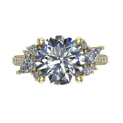 Mila round three stone engagement ring in 14K Yellow Gold, top-down view showing the center diamond between two trios of round accent diamonds