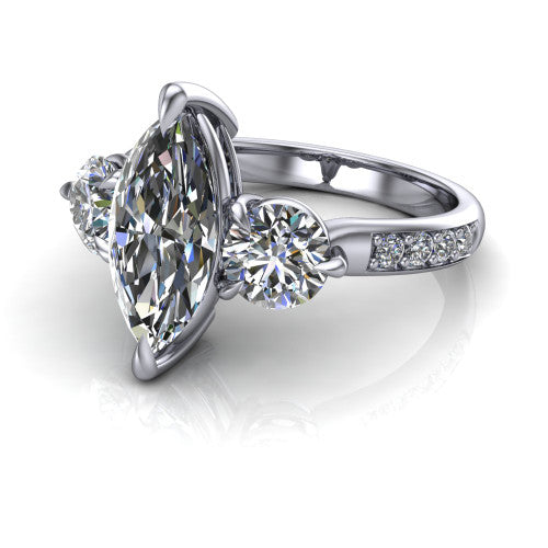 Blake marquise three stone engagement ring in 14K White Gold, three-quarter perspective showing the center diamond between two round side stones above a pav&eacute; shank