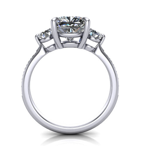 Blake cushion three stone engagement ring in 14K White Gold, through-finger front profile showing the three-stone head raised above the pav&eacute; band