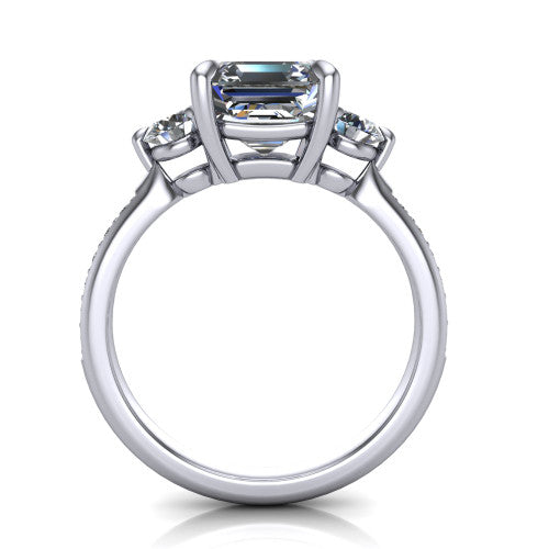 Blake asscher three stone engagement ring in Platinum, through-finger front profile showing the three-stone head raised above the pav&eacute; band