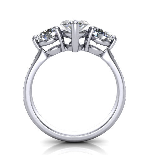 Blake marquise three stone engagement ring in 18K White Gold, through-finger front profile showing the three-stone head raised above the pav&eacute; band