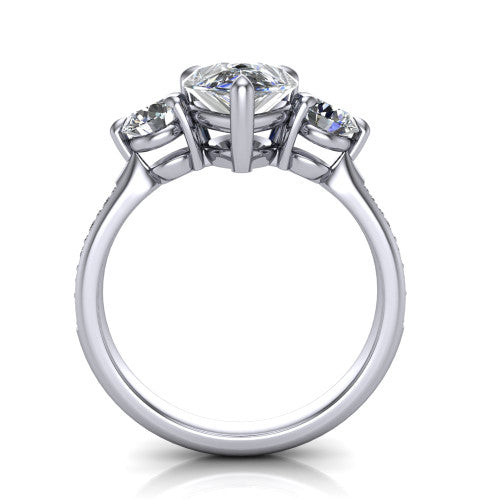 Blake pear three stone engagement ring in Platinum, through-finger front profile showing the three-stone head raised above the pav&eacute; band