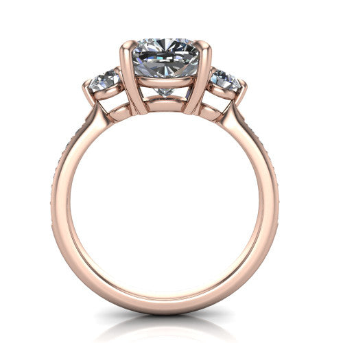 Blake cushion three stone engagement ring in 14K Rose Gold, through-finger front profile showing the three-stone head raised above the pav&eacute; band