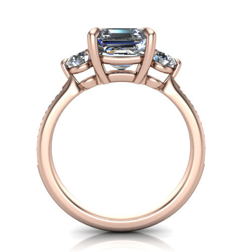 Blake asscher three stone engagement ring in 14K Rose Gold, through-finger front profile showing the three-stone head raised above the pav&eacute; band