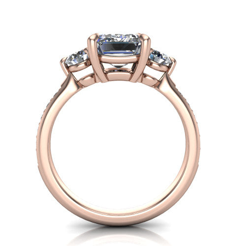 Blake emerald three stone engagement ring in 14K Rose Gold, top-down view showing the center diamond flanked by two round side stones in a classic three stone setting