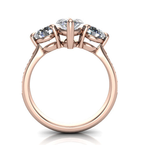 Blake marquise three stone engagement ring in 14K Rose Gold, through-finger front profile showing the three-stone head raised above the pav&eacute; band
