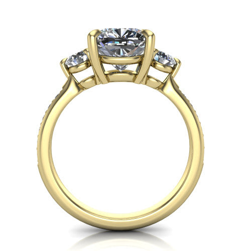 Blake cushion three stone engagement ring in 18K Yellow Gold, through-finger front profile showing the three-stone head raised above the pav&eacute; band