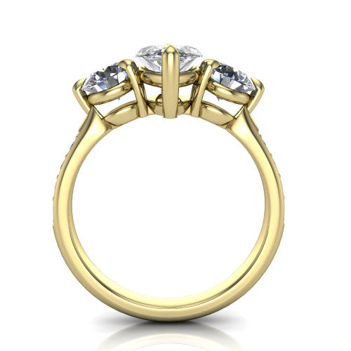 Blake marquise three stone engagement ring in 18K Yellow Gold, through-finger front profile showing the three-stone head raised above the pav&eacute; band