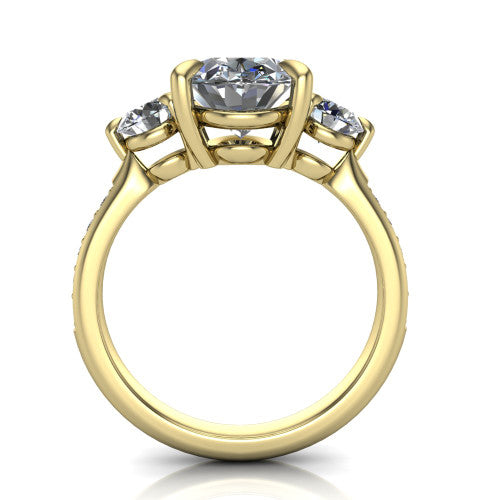 Blake oval three stone engagement ring in 18K Yellow Gold, through-finger front profile showing the three-stone head raised above the pav&eacute; band