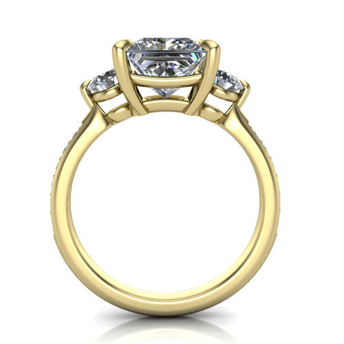 Blake princess three stone engagement ring in 18K Yellow Gold, through-finger front profile showing the three-stone head raised above the pav&eacute; band
