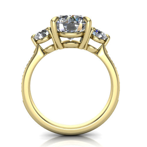 Blake round three stone engagement ring in 14K Yellow Gold, top-down view showing the center diamond flanked by two round side stones in a classic three stone setting
