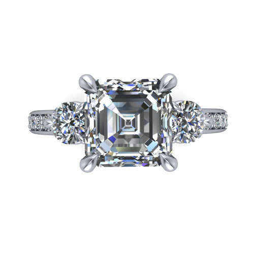Blake asscher three stone engagement ring in 14K White Gold, top-down view showing the center diamond flanked by two round side stones in a classic three stone setting