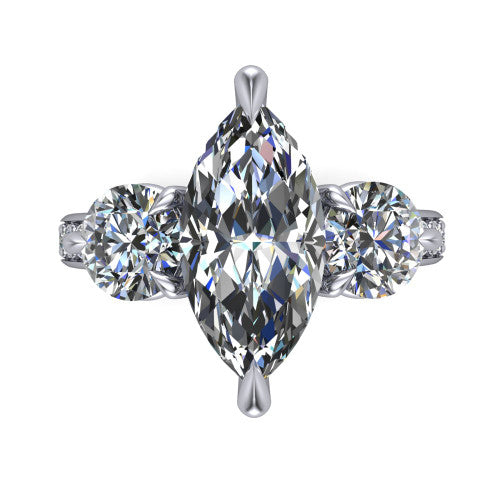 Blake marquise three stone engagement ring in 14K White Gold, top-down view showing the center diamond flanked by two round side stones in a classic three stone setting