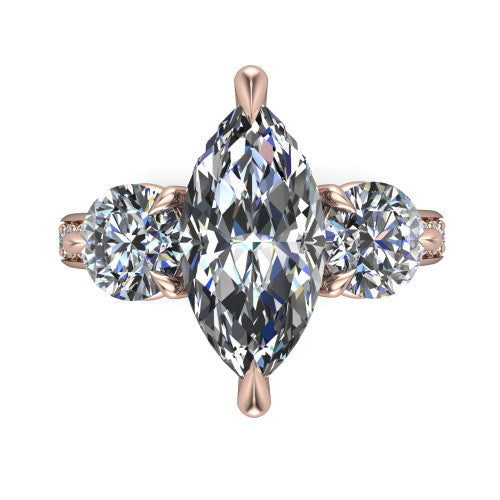 Blake marquise three stone engagement ring in 18K Rose Gold, top-down view showing the center diamond flanked by two round side stones in a classic three stone setting