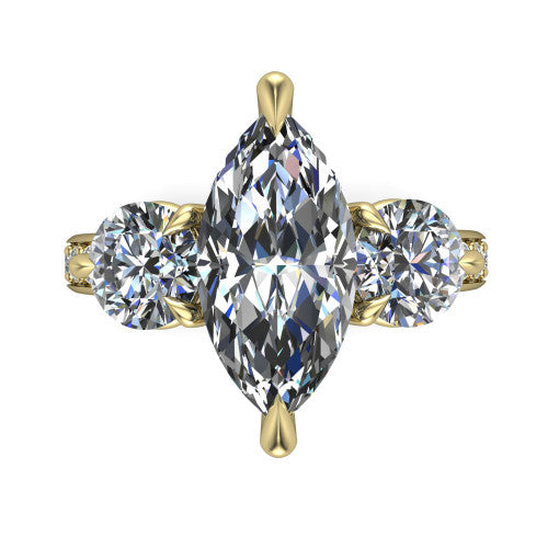 Blake marquise three stone engagement ring in 14K Yellow Gold, top-down view showing the center diamond flanked by two round side stones in a classic three stone setting