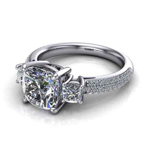 Valentina Cushion Shape Three Stone Engagement Ring in 14K White Gold