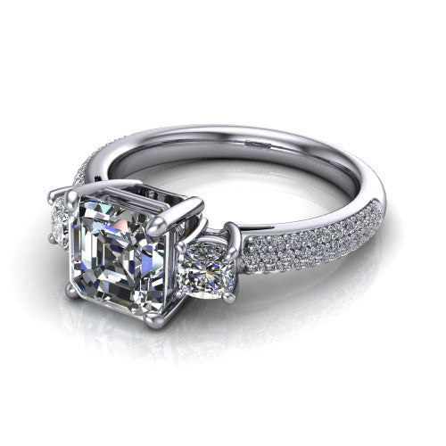 Valentina Square Emerald Shape Three Stone Engagement Ring in 14K White Gold