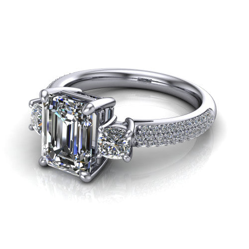 Valentina Emerald Shape Three Stone Engagement Ring in Platinum