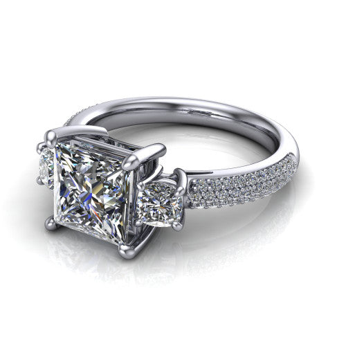 Valentina Princess Shape Three Stone Engagement Ring in 18K White Gold