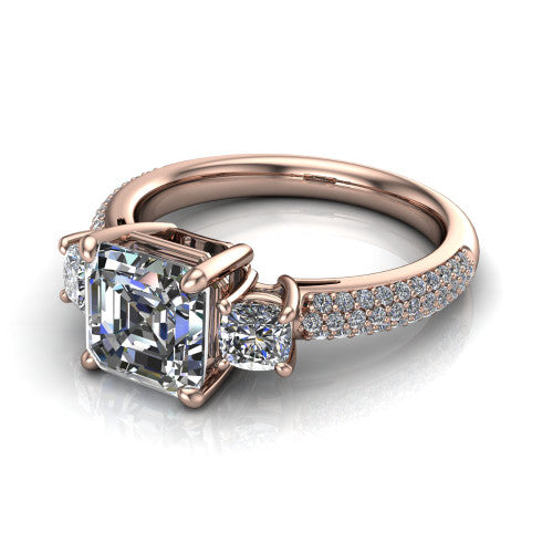 Valentina Square Emerald Shape Three Stone Engagement Ring in 18K Rose Gold