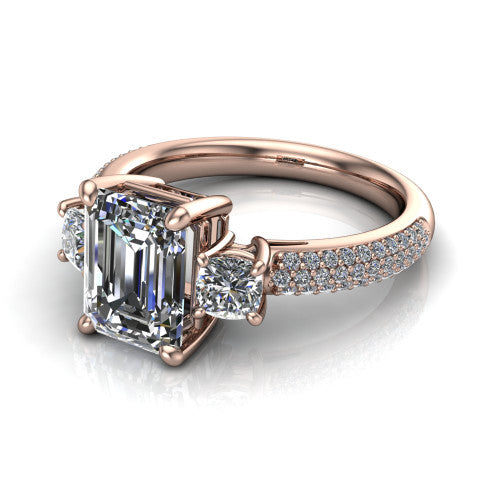 Valentina Emerald Shape Three Stone Engagement Ring in 14K Rose Gold