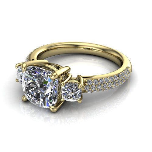 Valentina Cushion Shape Three Stone Engagement Ring in 18K Yellow Gold