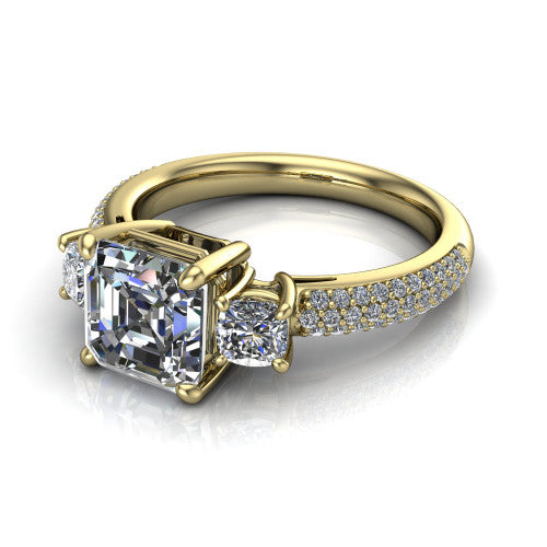 Valentina Square Emerald Shape Three Stone Engagement Ring in 18K Yellow Gold