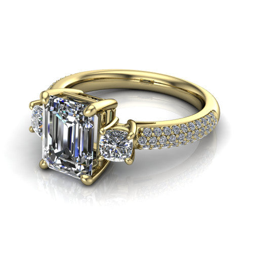 Valentina Emerald Shape Three Stone Engagement Ring in 14K Yellow Gold