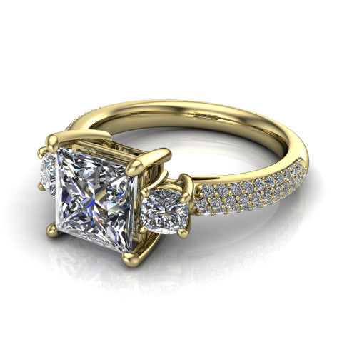 Valentina Princess Shape Three Stone Engagement Ring in 18K Yellow Gold