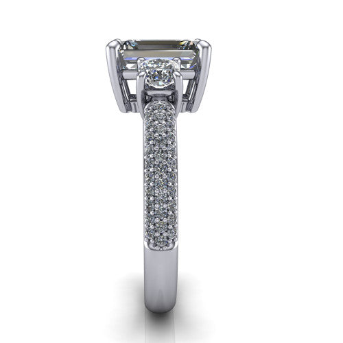 Valentina Emerald Shape Three Stone Engagement Ring in 14K White Gold