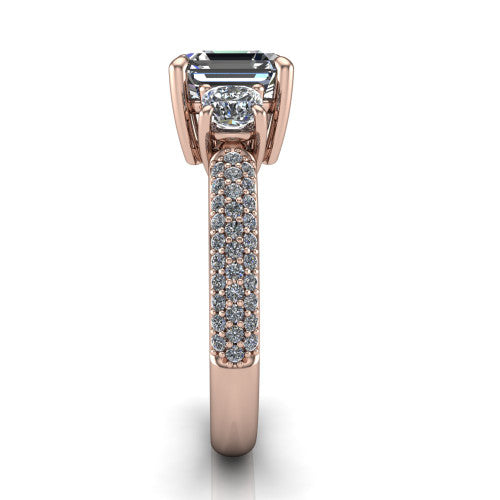 Valentina Square Emerald Shape Three Stone Engagement Ring in 14K Rose Gold