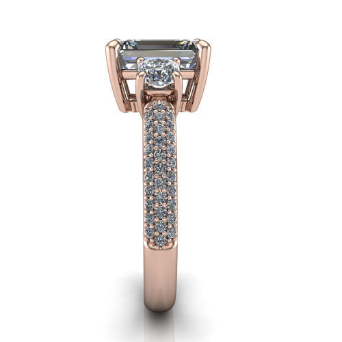 Valentina Emerald Shape Three Stone Engagement Ring in 14K Rose Gold