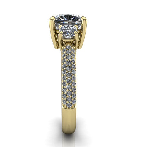 Valentina Cushion Shape Three Stone Engagement Ring in 18K Yellow Gold