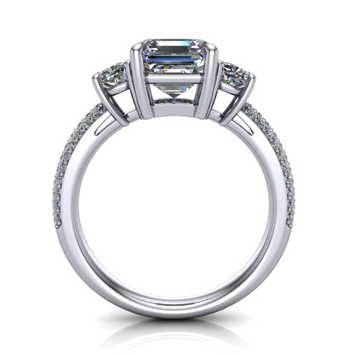 Valentina Square Emerald Shape Three Stone Engagement Ring in Platinum