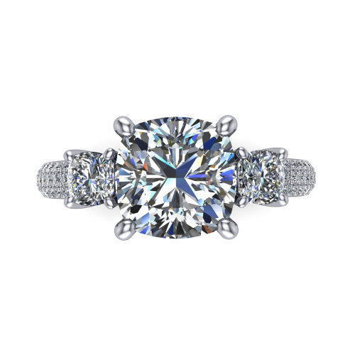 Valentina Cushion Shape Three Stone Engagement Ring in 14K White Gold