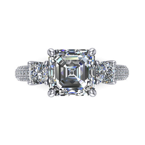 Valentina Square Emerald Shape Three Stone Engagement Ring in 14K White Gold