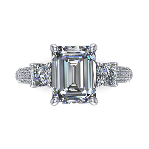 Valentina Emerald Shape Three Stone Engagement Ring in 18K White Gold
