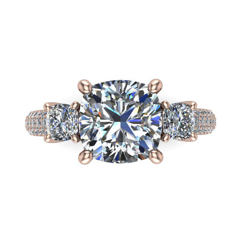 Valentina Cushion Shape Three Stone Engagement Ring in 18K Rose Gold