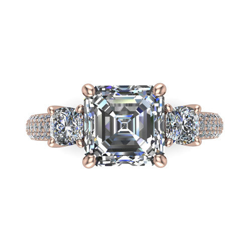 Valentina Square Emerald Shape Three Stone Engagement Ring in 14K Rose Gold