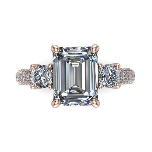 Valentina Emerald Shape Three Stone Engagement Ring in 18K Rose Gold