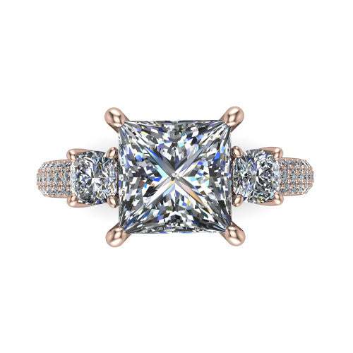 Valentina Princess Shape Three Stone Engagement Ring in 18K Rose Gold