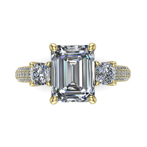 Valentina Emerald Shape Three Stone Engagement Ring in 18K Yellow Gold
