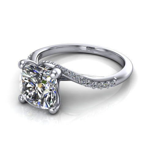 Aurora cushion classic engagement ring in 18K White Gold, three-quarter perspective showing the solitaire center diamond above a twisting pav&eacute; bypass shank