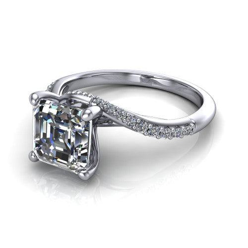 Aurora asscher classic engagement ring in 18K White Gold, three-quarter perspective showing the solitaire center diamond above a twisting pav&eacute; bypass shank